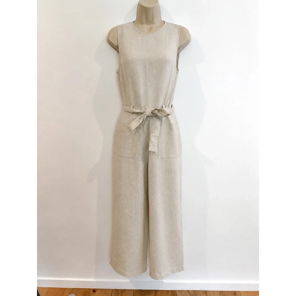Reformation Linen Jumpsuit Naomi Sz 8 Belted Sleeveless Straight Leg Beige Flax